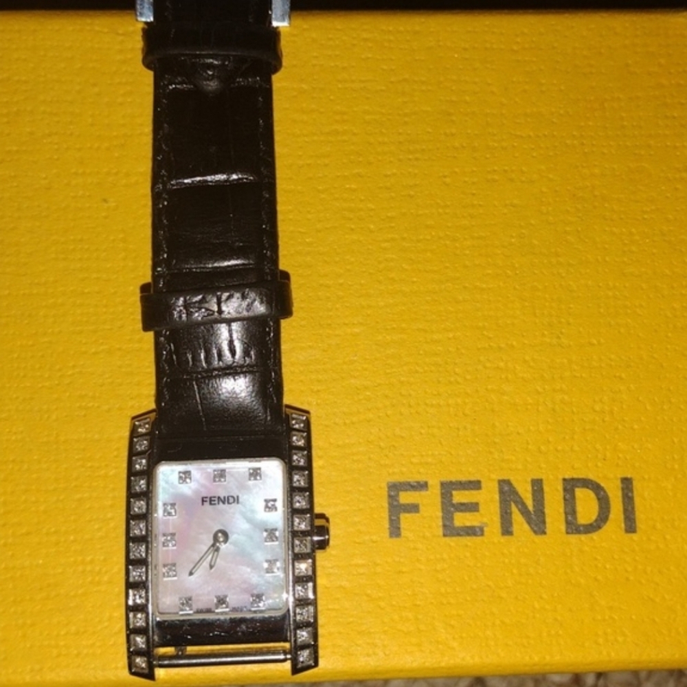 Fendi Black Leather Watch with Crystal Detailing